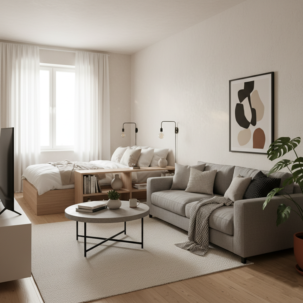 Cozy modern living room and bedroom